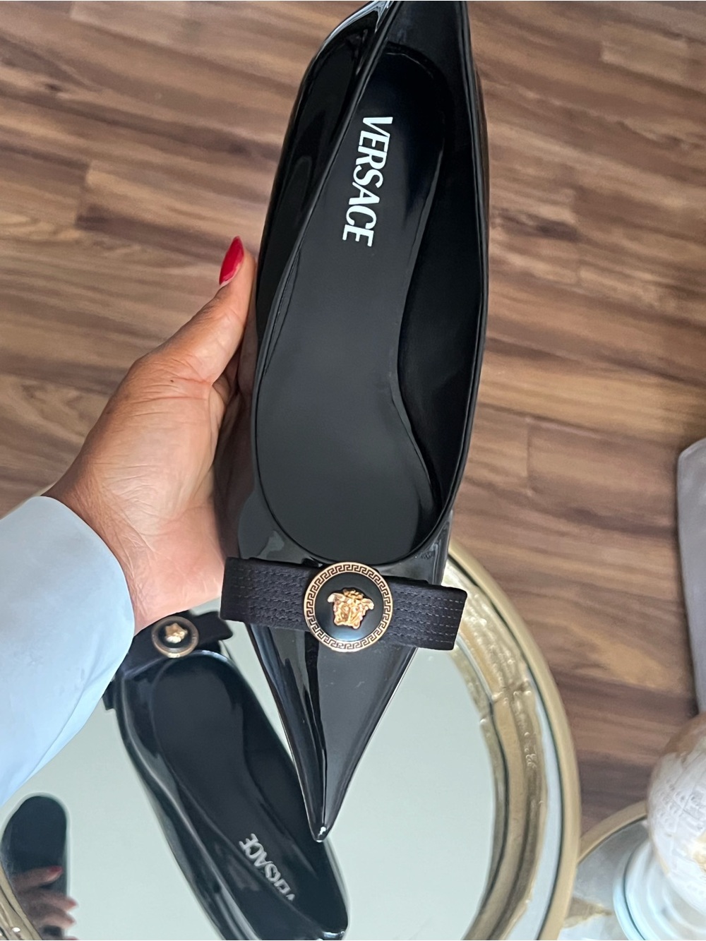 Versace Black Patent Pointed Toe Flats with Gold Medusa Medallion - Picture 3 of 13